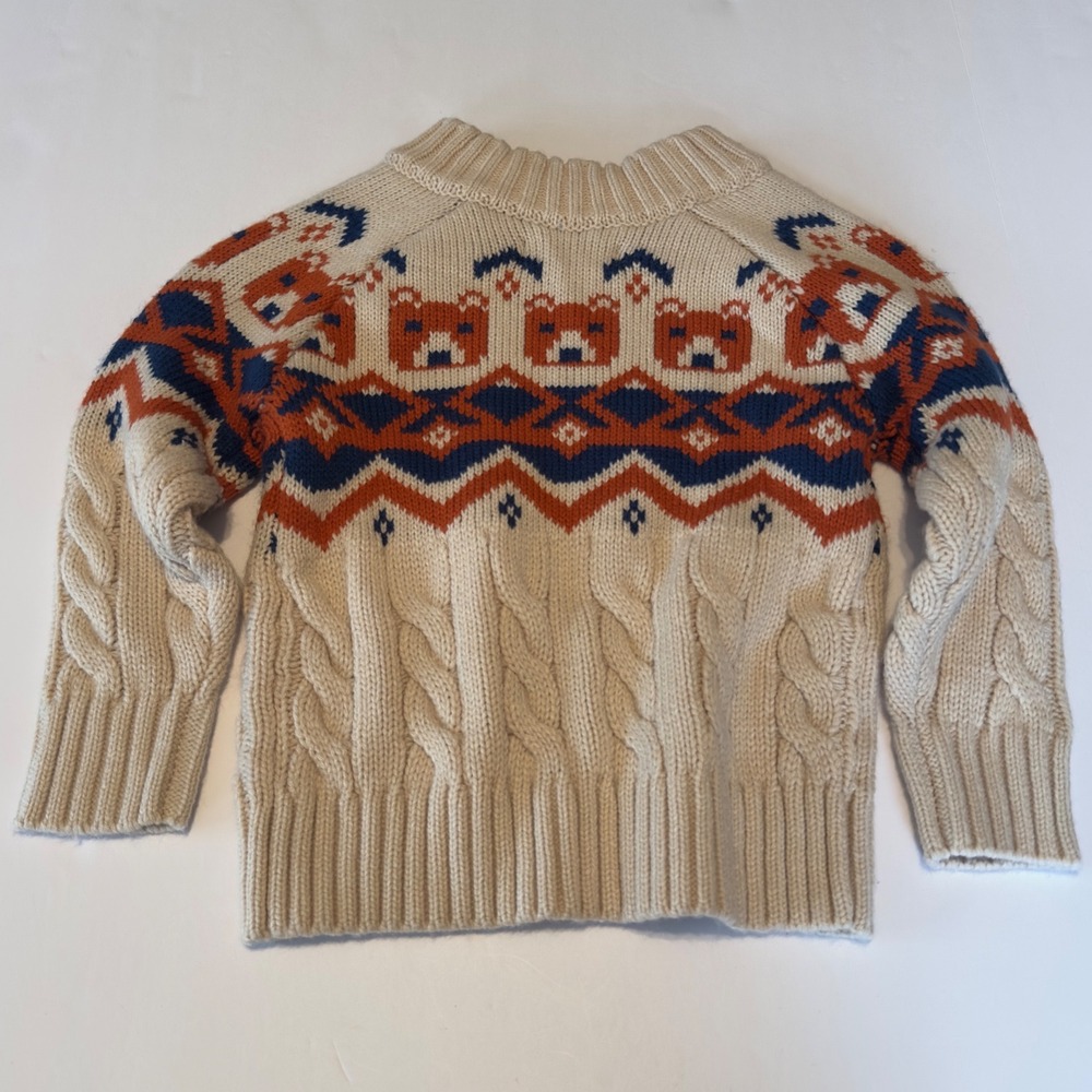 Bleached Kid 4T Bear Fair Isle Cable Knit Sweater Cream Rust Navy Blue Button Up - Picture 7 of 8